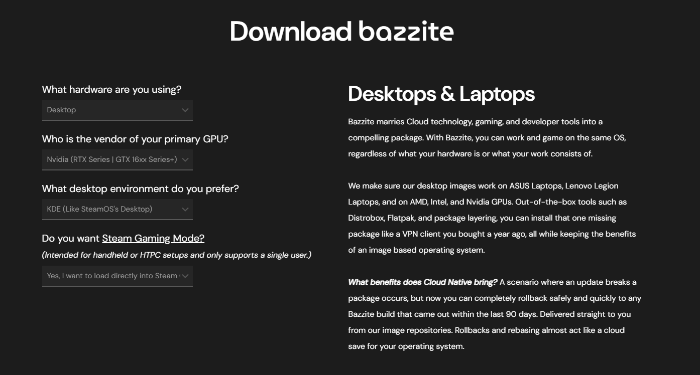 Page de téléchargement de Bazzite pour carte NVIDIA