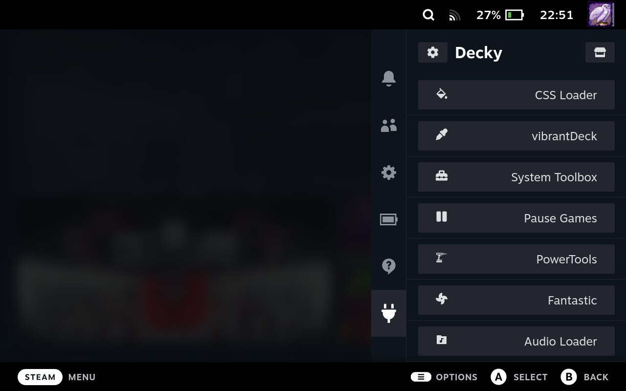 Menu Decky Loader et plugins Steam Game Mode"