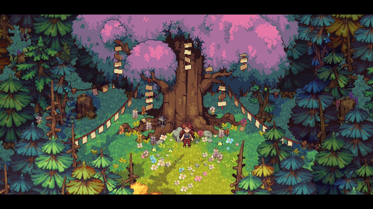 Alessandra devant l'Arbre Éternel couvert de fanions