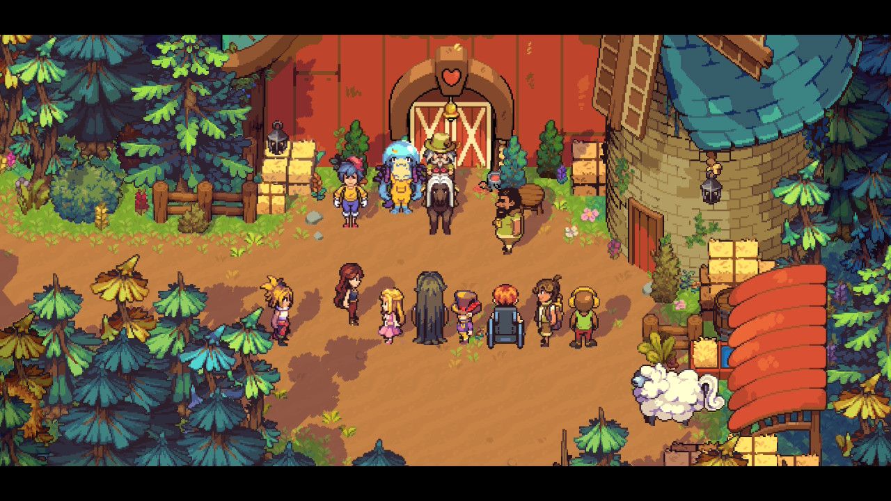 La place du camp et sa grange rouge en pixel art