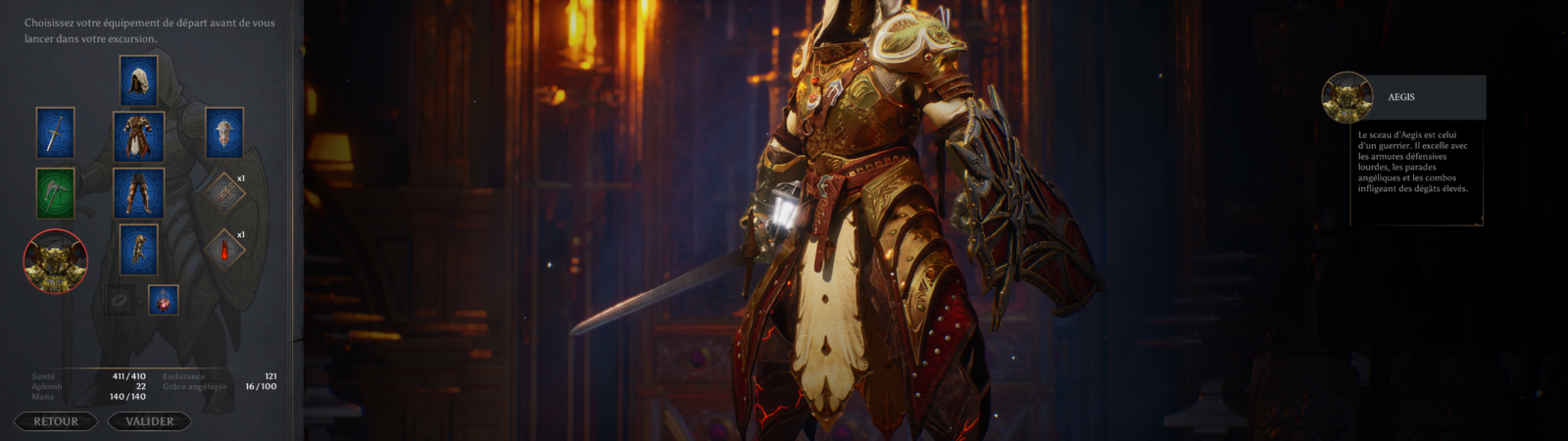 Menu de préparation du build avec sélection d'armes et d'armures