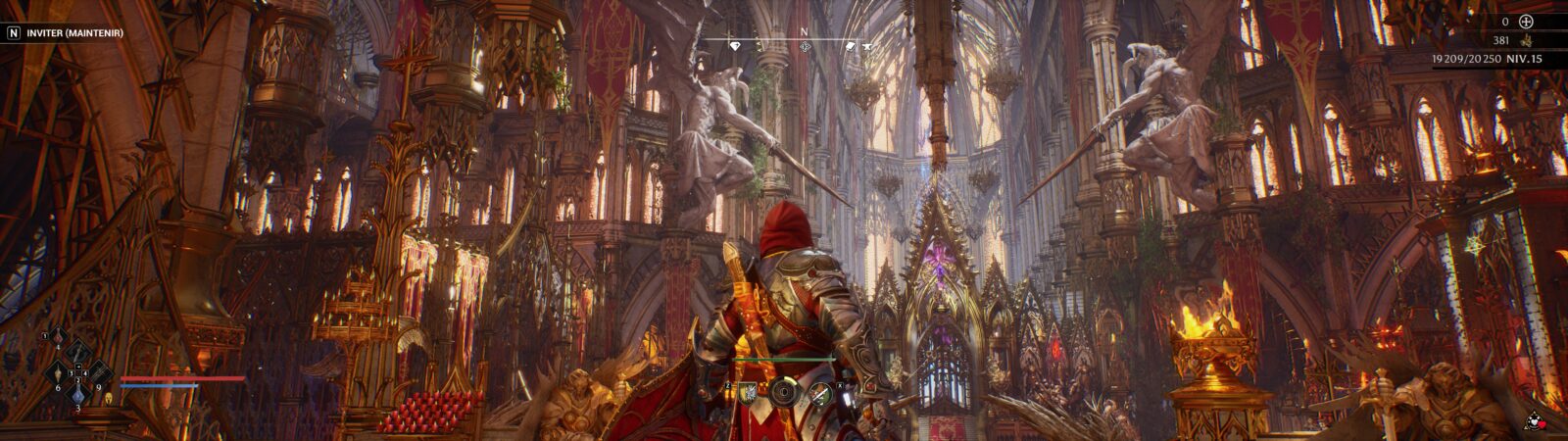 Intérieur gothique monumental de l'Église servant de hub central dans Crimson Moon