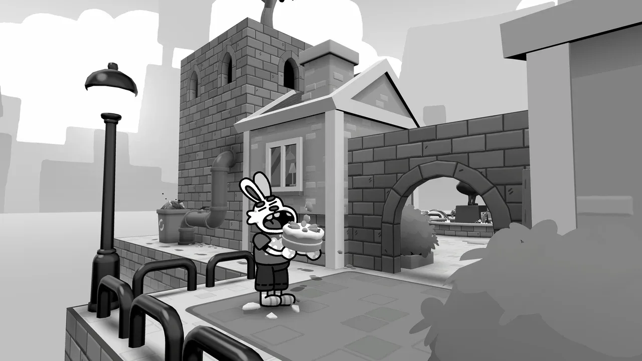 Personnage criant avec un gâteau devant une maison, TOEM 2