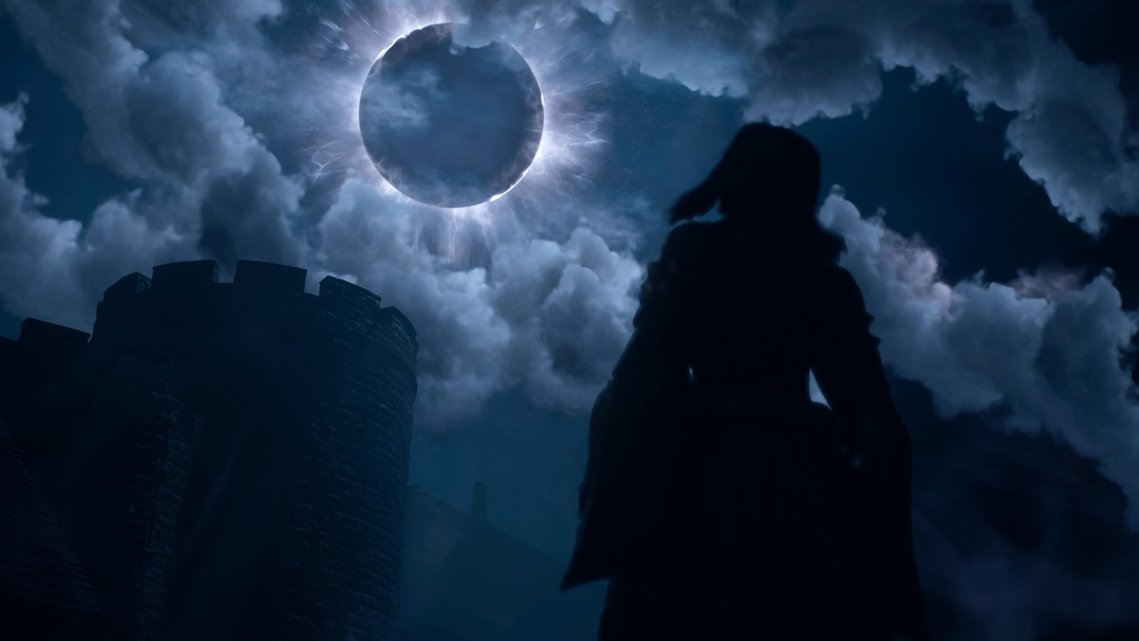DRAGON'S DOGMA 2: DARK ARISEN, LA VERSION ULTIME DU JEU DE CAPCOM Silhouette du personnage devant une tour de pierre, sous une éclipse, dans Dragon's Dogma 2: Dark Arisen