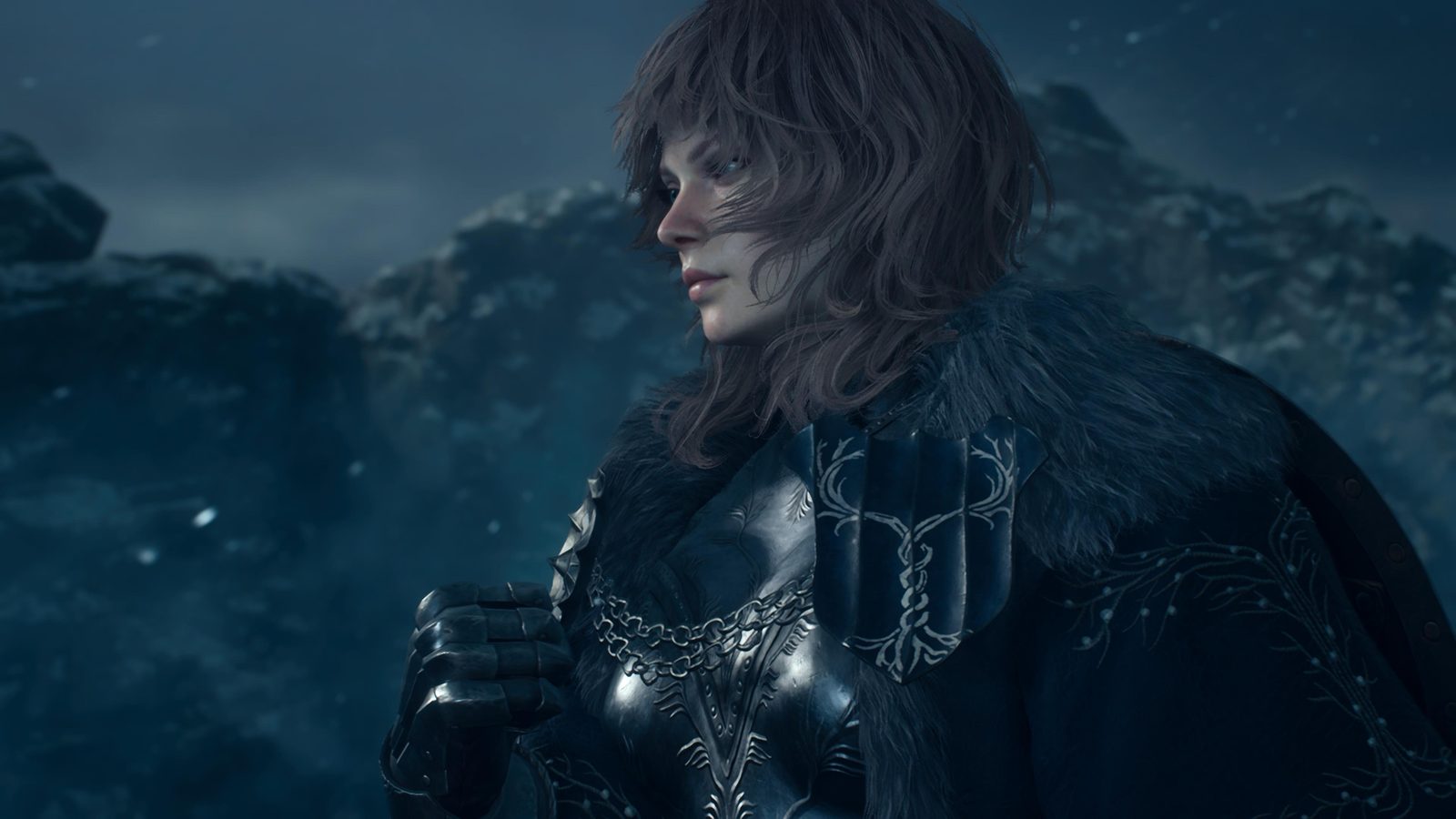 DRAGON'S DOGMA 2: DARK ARISEN, LA VERSION ULTIME DU JEU DE CAPCOM Personnage féminin en armure sombre et col de fourrure dans le paysage enneigé de Norgan