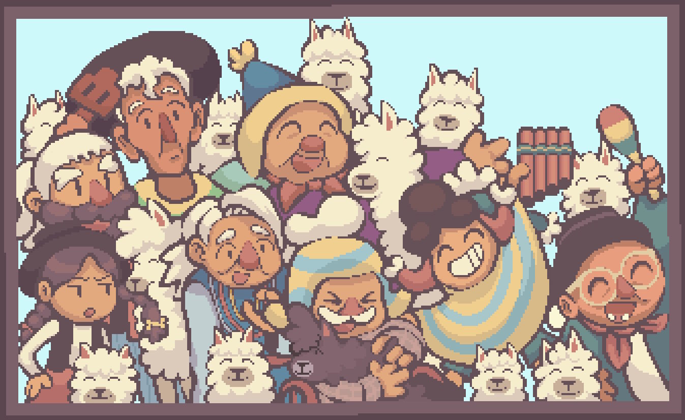 Anku et les habitants du village entourés de lamas