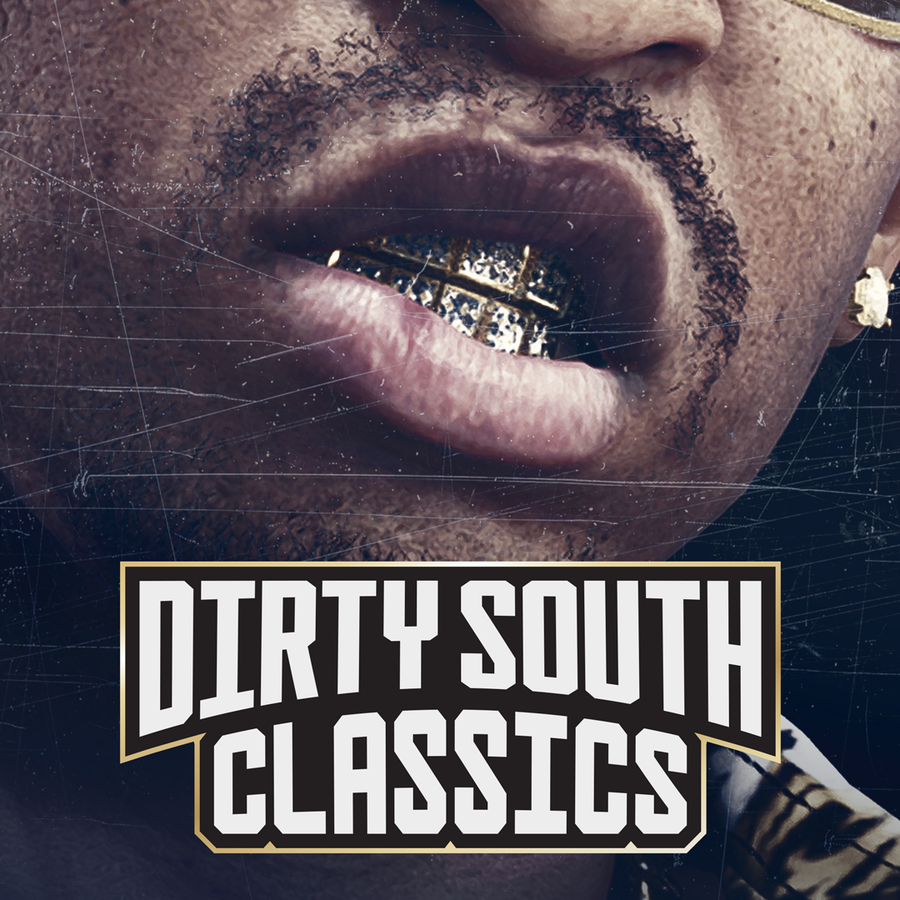 Grillz dorés en gros plan sous le logo Dirty South Classics