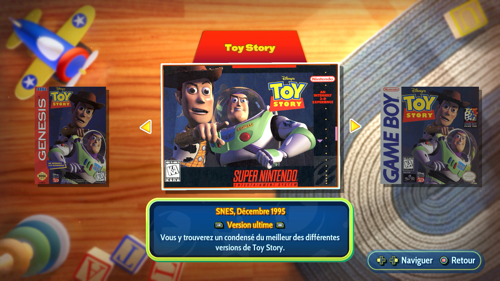 Fiche du musée consacrée au premier Toy Story de 1995, avec les jaquettes Genesis, SNES et Game Boy