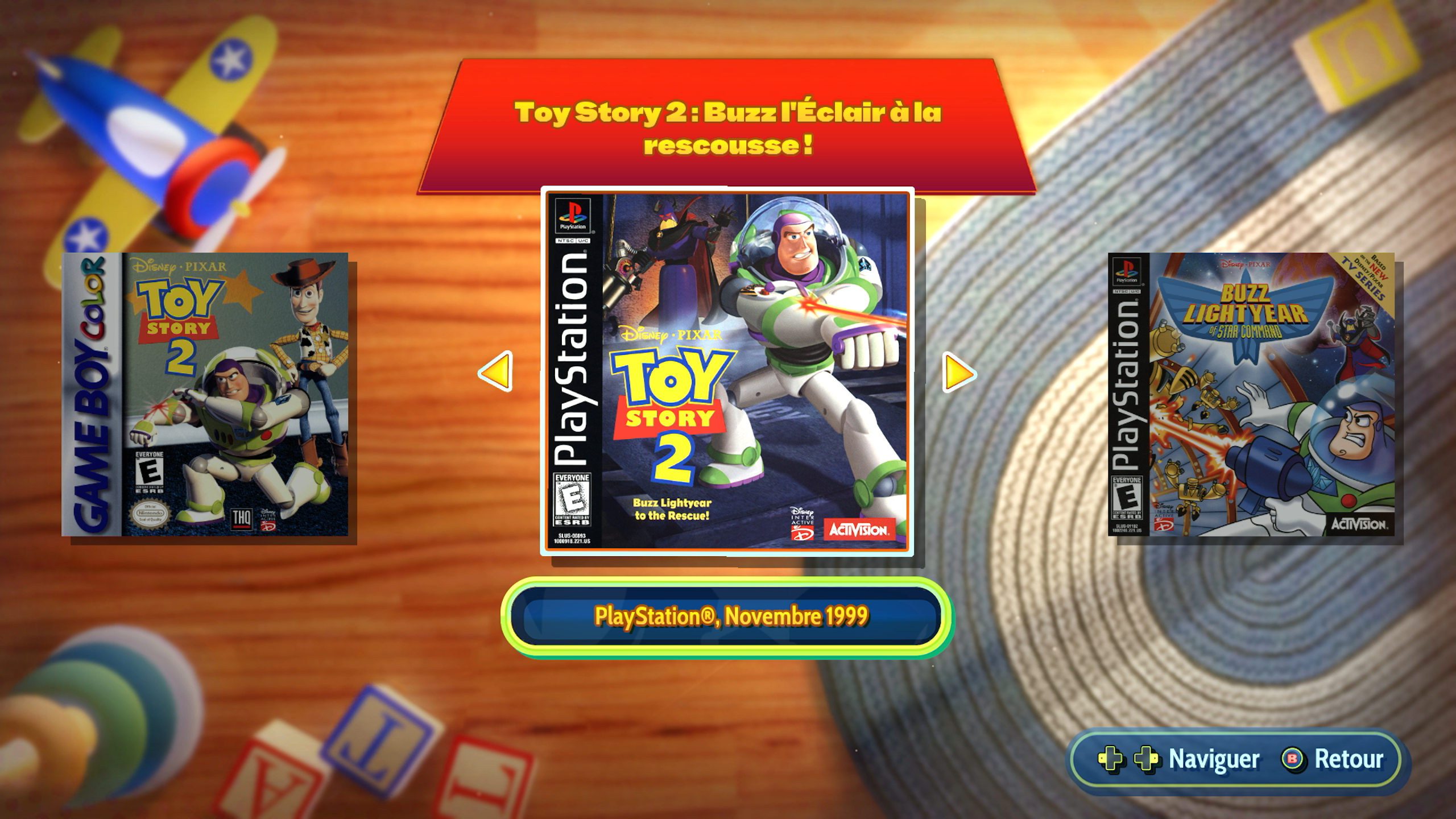 Fiche du musée consacrée à Toy Story 2 : Buzz l’Éclair à la rescousse ! avec les jaquettes Game Boy Color et PlayStation