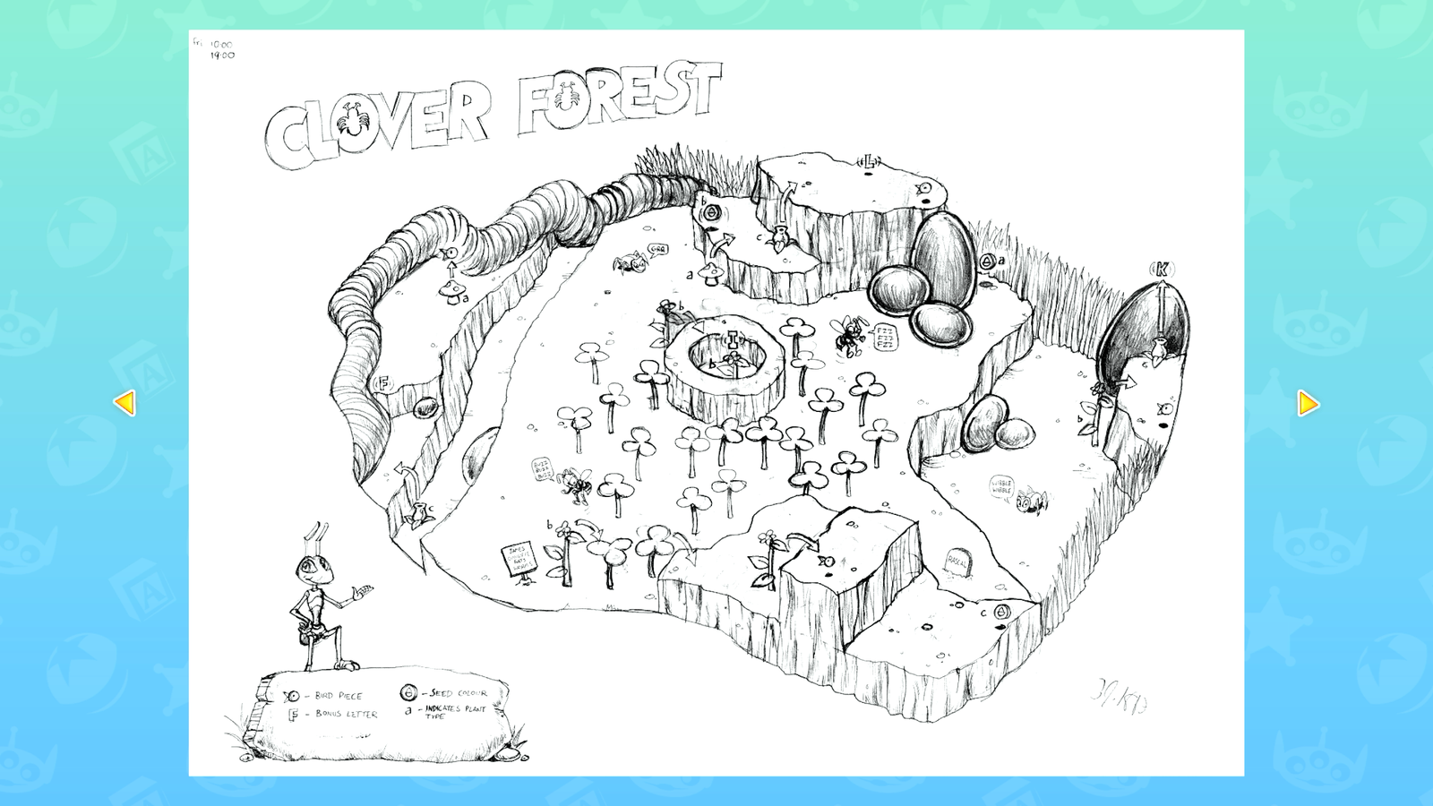 Croquis conceptuel du niveau Clover Forest présenté dans le musée de Retro Roundup!