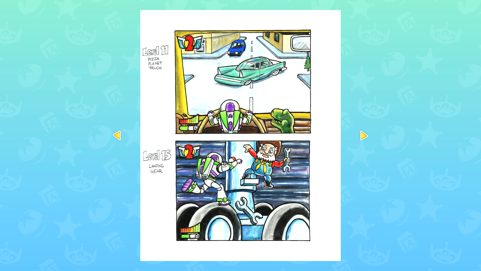 Croquis des niveaux 11 et 13 de Toy Story présentés dans le musée