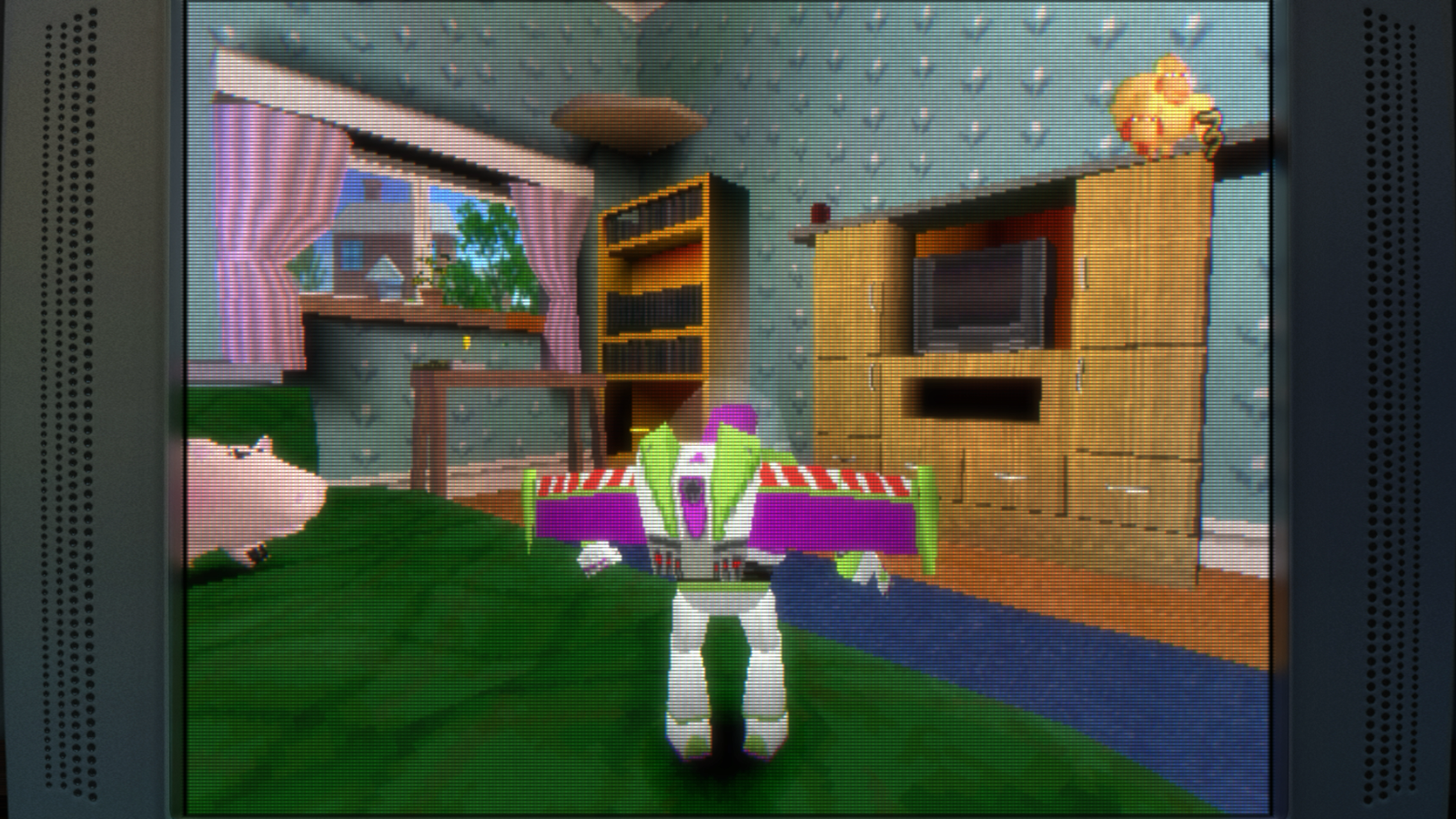 Buzz et le cochon Bayonne dans la chambre d’Andy dans Toy Story 2, sur PlayStation