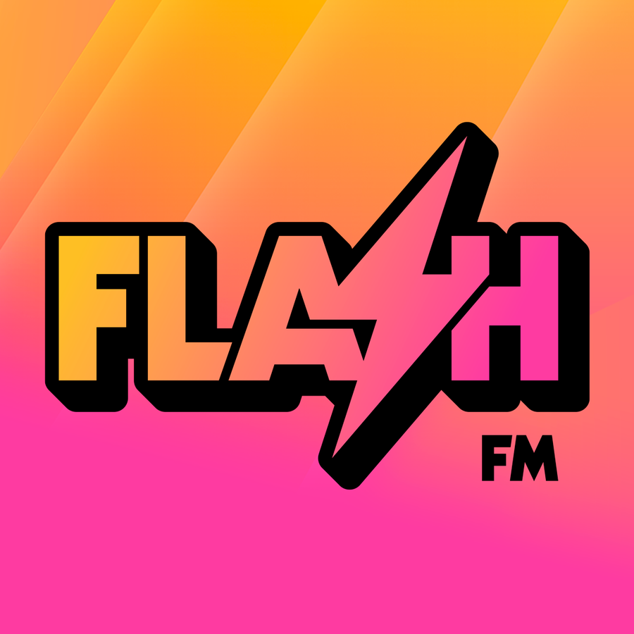 Logo Flash FM orange et rose, traversé par un éclair