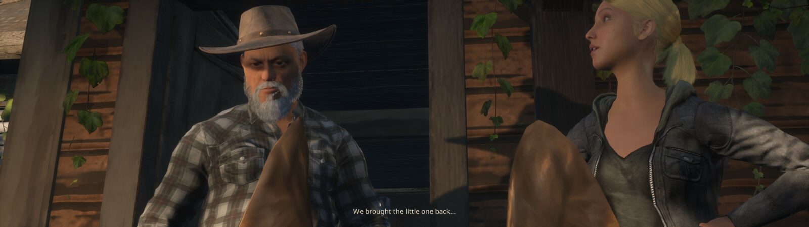 Le vieux paysan et Lily devant leur cabane en bois