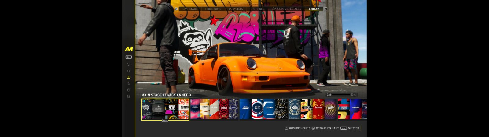 Pourquoi commencer The Crew Motorfest en 2026 ? Voiture orange devant un mur de graffitis, menu Legacy Année 3