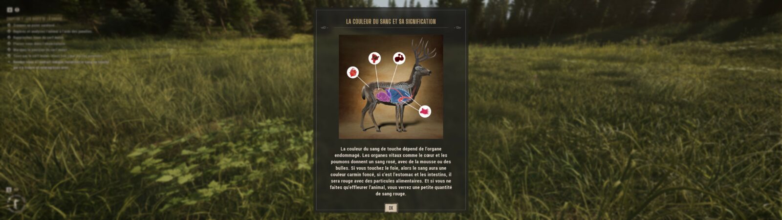 Way of the Hunter 2 : Soudain j'ai vu passer des oies sauvages Écran tutoriel sur la couleur du sang et sa signification