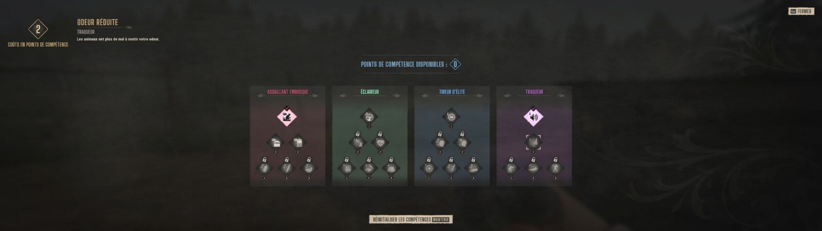 Way of the Hunter 2 : Soudain j'ai vu passer des oies sauvages Écran des compétences avec les quatre arbres de progression