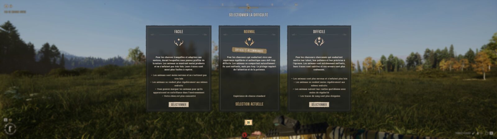 Way of the Hunter 2 : Soudain j'ai vu passer des oies sauvages Écran de sélection de la difficulté, du facile au difficile