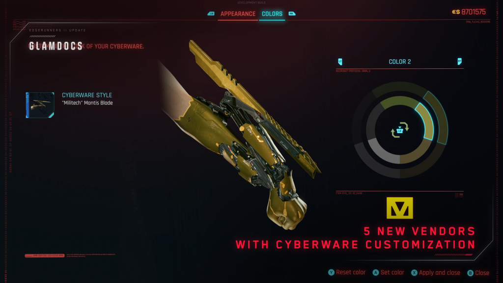 Cyberpunk 2077 : la mise à jour 2.5 rebranche Night City sur Edgerunners Lame Mantis dorée dans l'interface Glamdocs, onglet Colors
