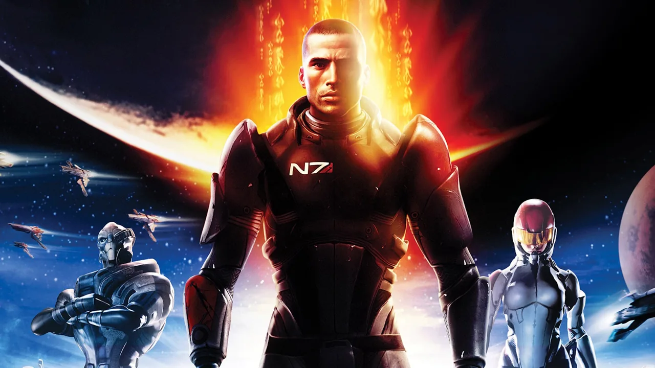 Shepard en armure N7 avec Garrus et Tali
