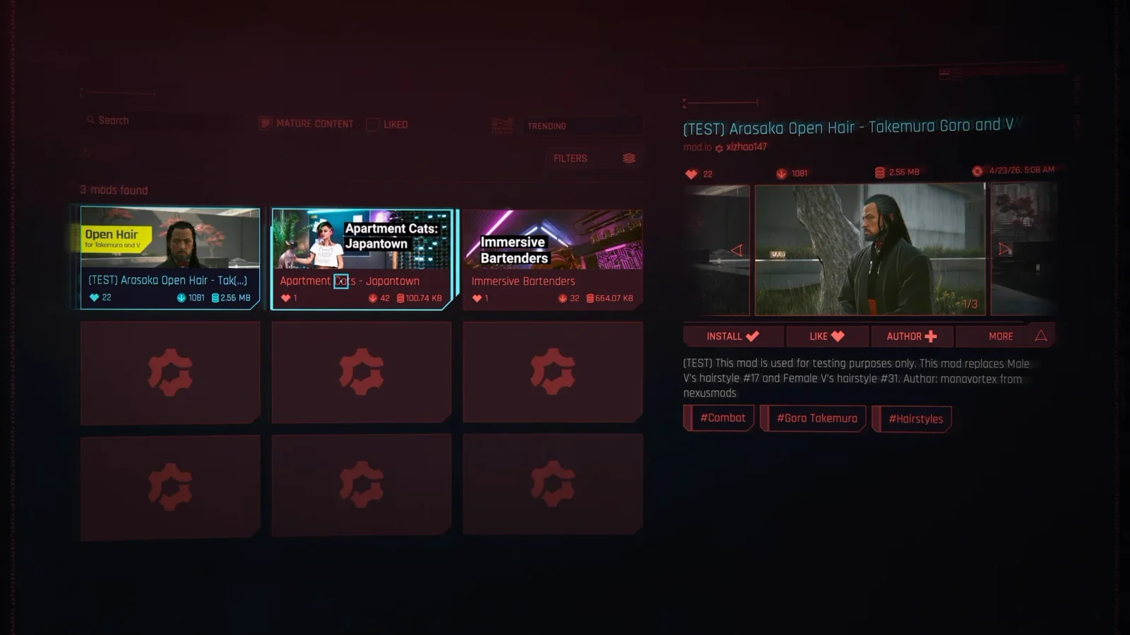 Cyberpunk 2077 : la mise à jour 2.5 rebranche Night City sur Edgerunners Navigateur mod.io dans le jeu, trois mods et bouton Install