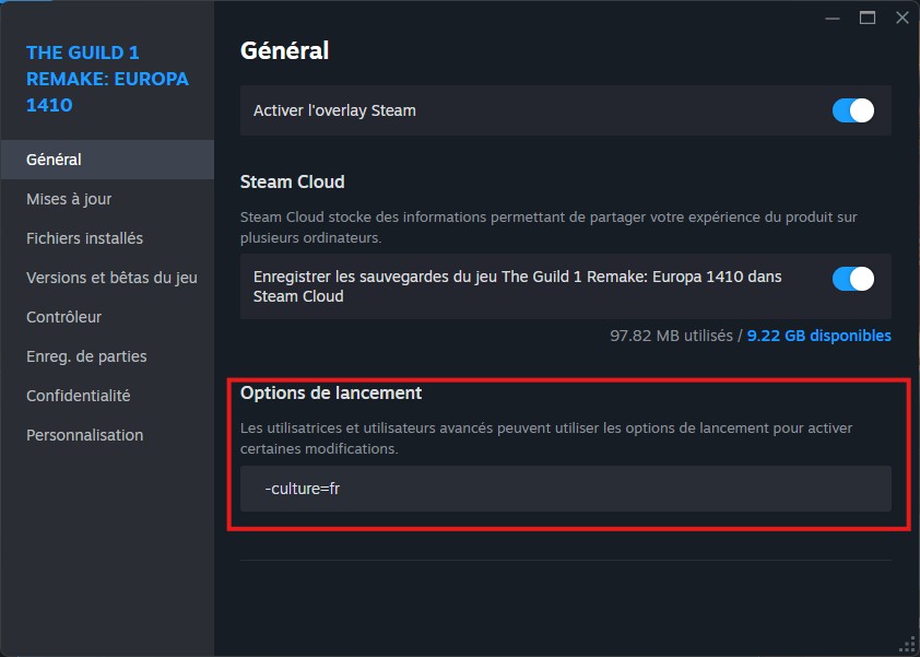 The Guild Europa 1410 en français : le tuto du mod de traduction Options de lancement Steam avec le paramètre culture fr